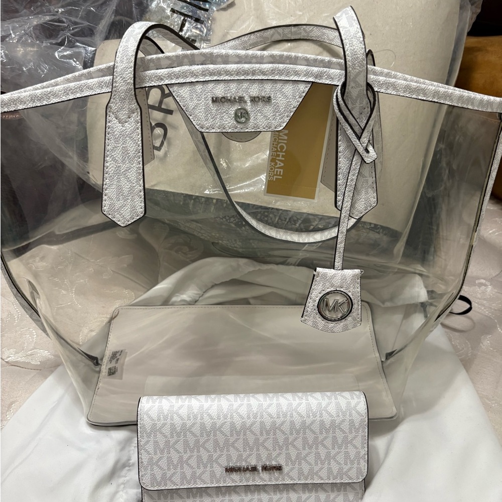 Michael Kors Jane White Transparent Tote Bag and Wallet Set